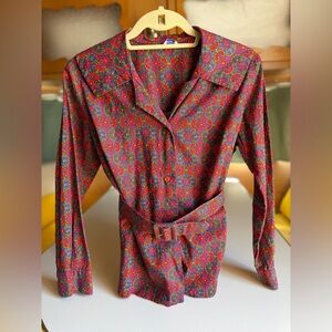 Vintage Red Floral Paisley Patterned Blouse with Belt and Peter Pan Collar